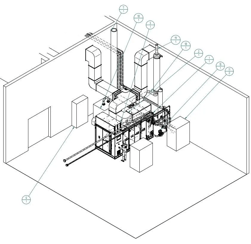 Example 3D installation layout of a DHKW in a plant room, with all relevant interfaces and connections marked