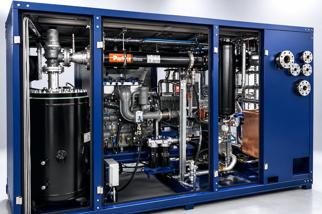 Compressed-air heat and power unit: compact DHKW module with gas engine, compressor and heat exchangers in a cabinet