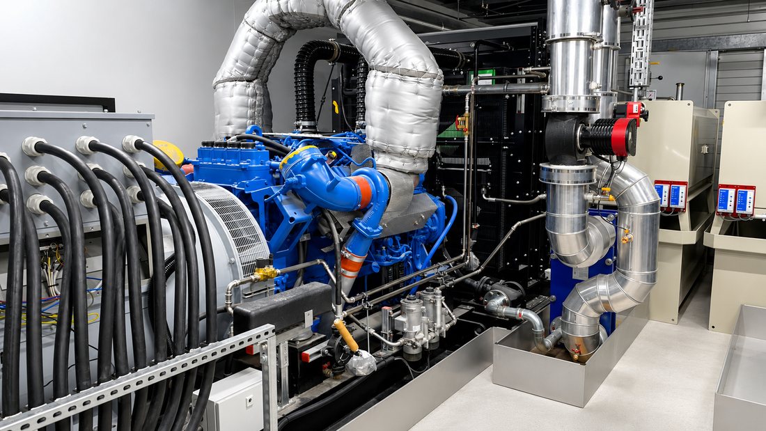 Special emergency power system: engine-generator set with exhaust routing in a plant room