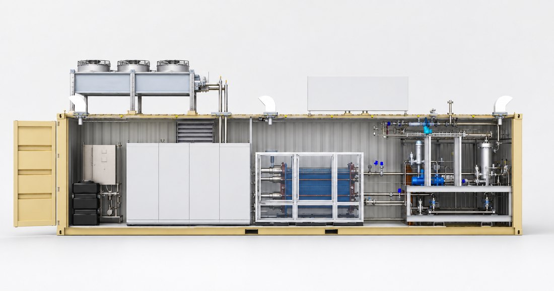 Hydrogen container in cross-section: 20-foot container with coolers, heat exchangers, compressors and gas conditioning